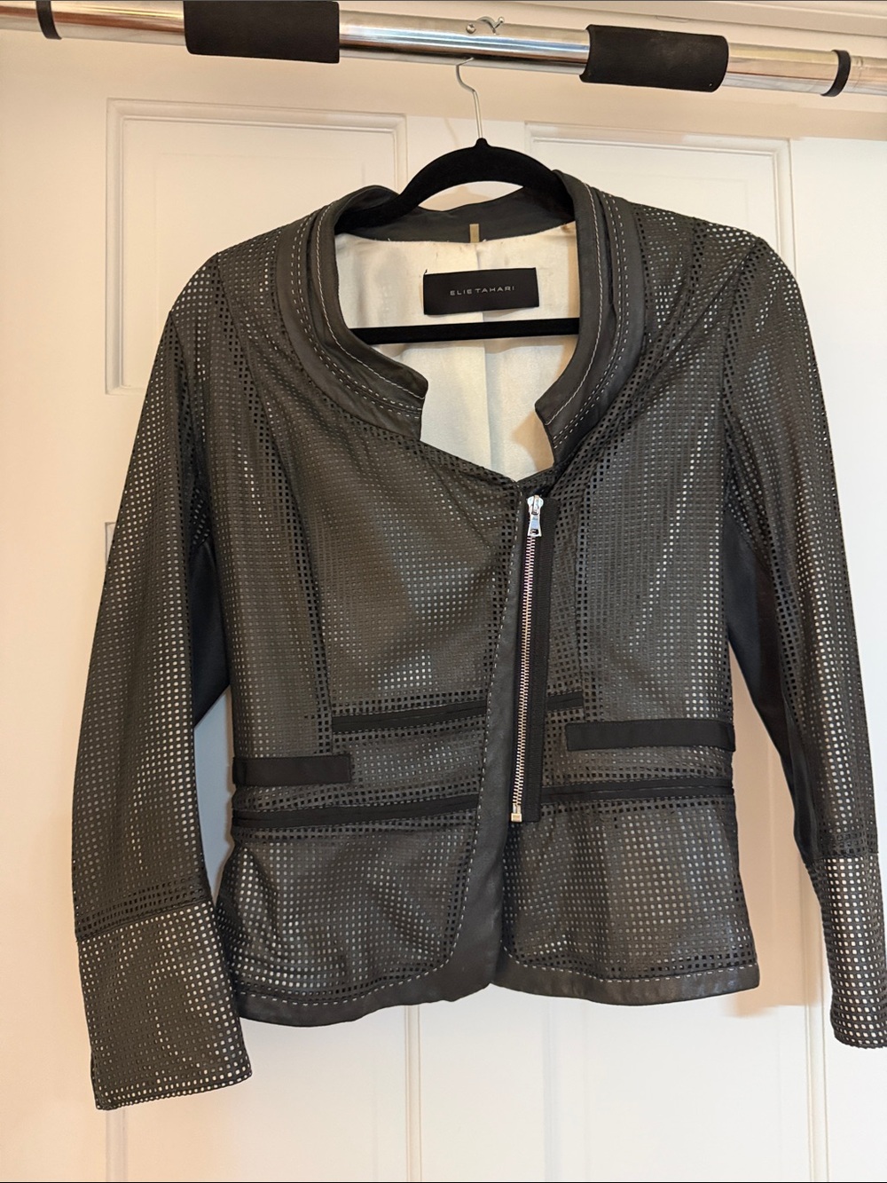 Elie Tahari Perforated Genuine Leather Asymmetric Zip